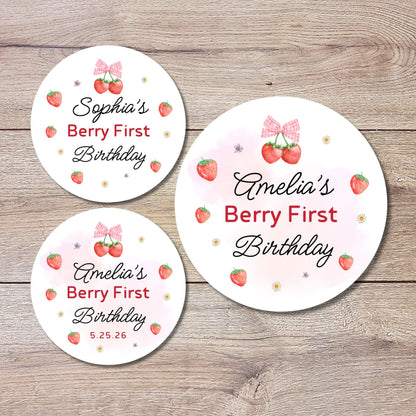 Personalized Berry First Birthday Stickers, Custom 1st Birthday Party Favor Goody Bag Labels, Girls Thank You Birthday Pink Sticker