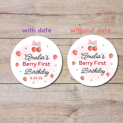 Personalized Berry First Birthday Stickers, Custom 1st Birthday Party Favor Goody Bag Labels, Girls Thank You Birthday Pink Sticker