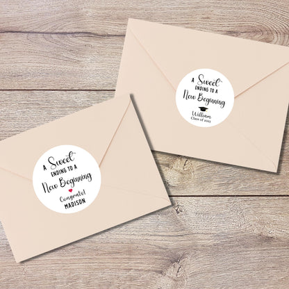Personalized A Sweet Ending to a New Beginning Stickers, Happy Graduation Labels, Custom Graduation Party Favor Envelope Seal Stickers
