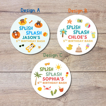 Personalized Splish Splash Birthday Stickers, Custom Beach Pool Birthday Party Favor Goody Bag Labels, Boys Girls Thank You for Coming
