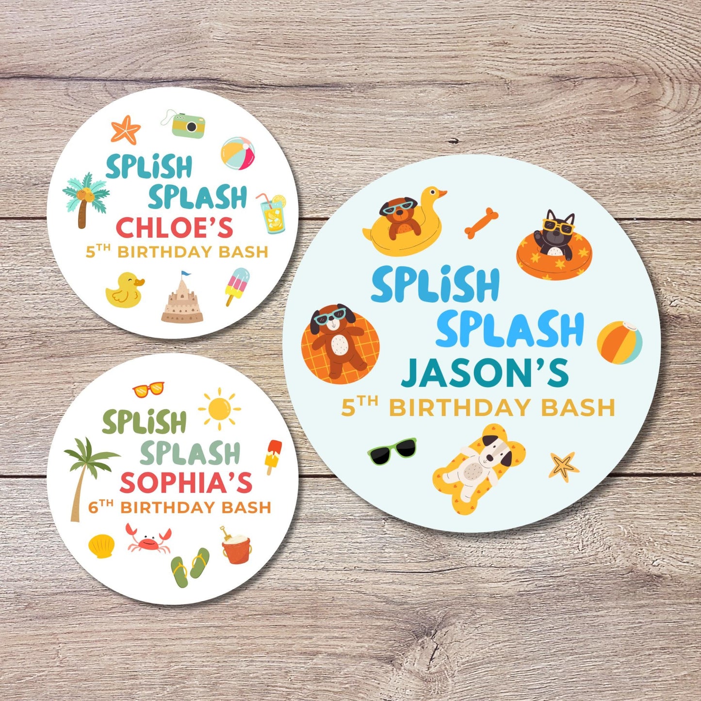 Personalized Splish Splash Birthday Stickers, Custom Beach Pool Birthday Party Favor Goody Bag Labels, Boys Girls Thank You for Coming