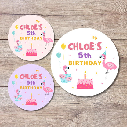 Personalized Tropical Flamingo Birthday Stickers, Custom Beach Pool Birthday Party Favor Goody Bag Labels, Girls Pretty in Pink Birthday