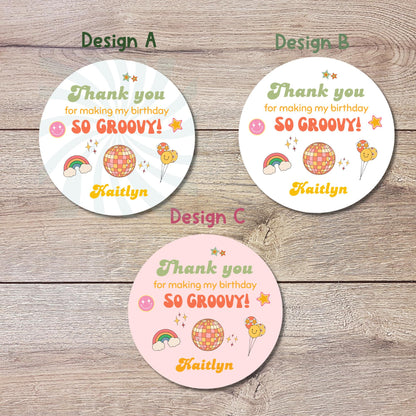 Personalized So Groovy Birthday Stickers, Two Groovy Goody Bag Party Favor Stickers, Custom Thank You Happy Birthday Label, Retro Birthday