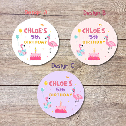 Personalized Tropical Flamingo Birthday Stickers, Custom Beach Pool Birthday Party Favor Goody Bag Labels, Girls Pretty in Pink Birthday