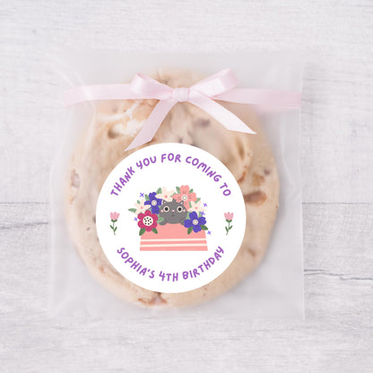 Personalized Happy Birthday Stickers, Goody Bag Stickers, Custom Kids Birthday Label, Floral Cat Thank You for Coming Stickers Various Sizes