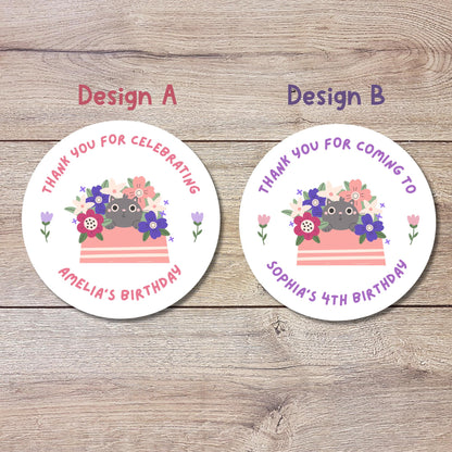 Personalized Happy Birthday Stickers, Goody Bag Stickers, Custom Kids Birthday Label, Floral Cat Thank You for Coming Stickers Various Sizes