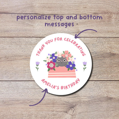 Personalized Happy Birthday Stickers, Goody Bag Stickers, Custom Kids Birthday Label, Floral Cat Thank You for Coming Stickers Various Sizes
