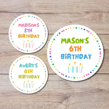 Personalized Happy Birthday Stickers, Goody Bag Stickers, Custom Birthday Label, Kids Birthday Stars and Candles Stickers, All Ages Birthday
