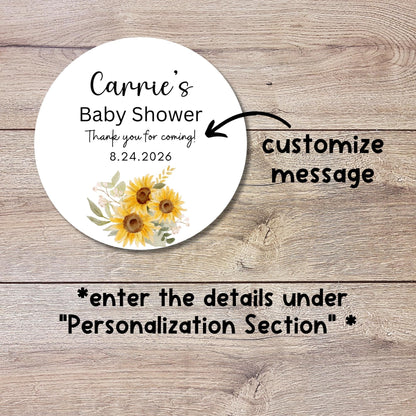 Personalized Sunflower Baby Shower Stickers, Custom Boy or Girl, Bridal Shower, Baby Sprinkle Sticker, Birthday Party Favor Labels