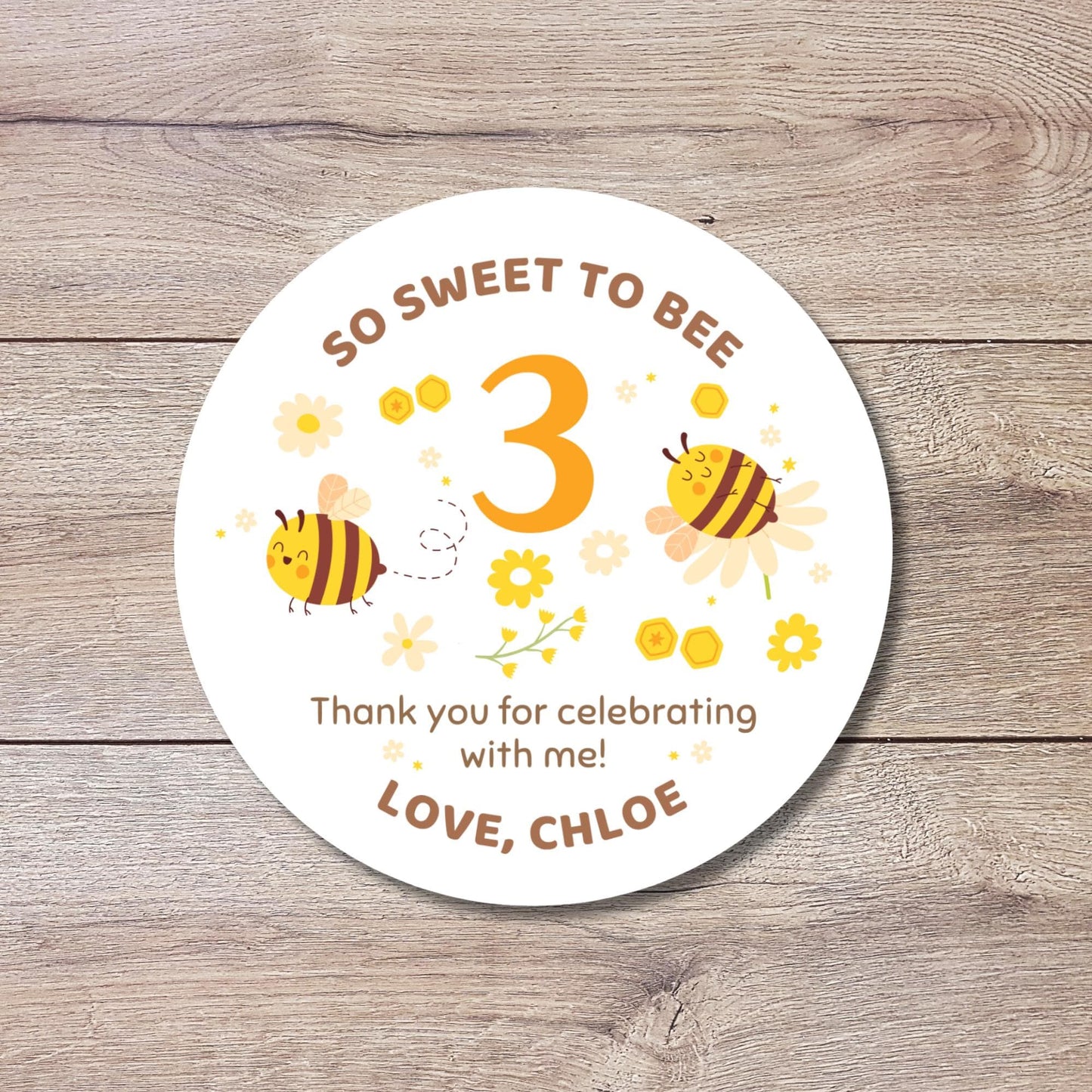 Personalized So Sweet to Bee Three 3 Birthday Sticker, Custom Bee Birthday Party Favor Labels, Kids Third Birthday Thank You for Coming