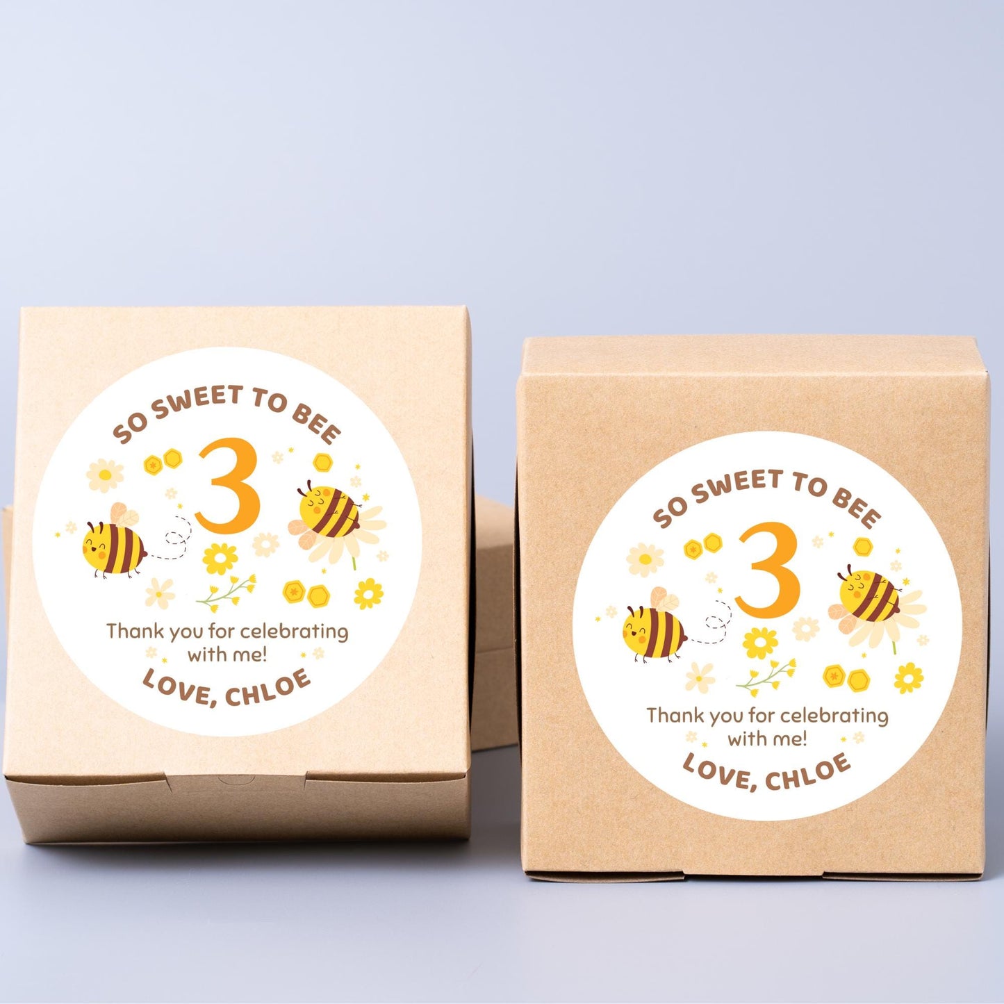 Personalized So Sweet to Bee Three 3 Birthday Sticker, Custom Bee Birthday Party Favor Labels, Kids Third Birthday Thank You for Coming