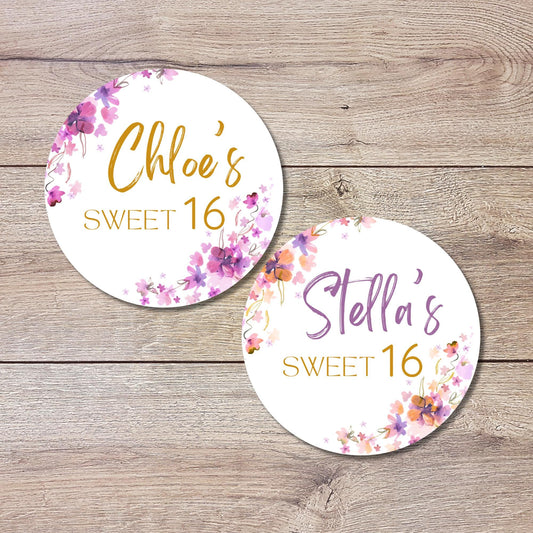 Personalized Sweet 16 Birthday Stickers, Sweet Sixteen Party Favor Stickers, Custom Thank You Happy Birthday Label, Floral Birthday