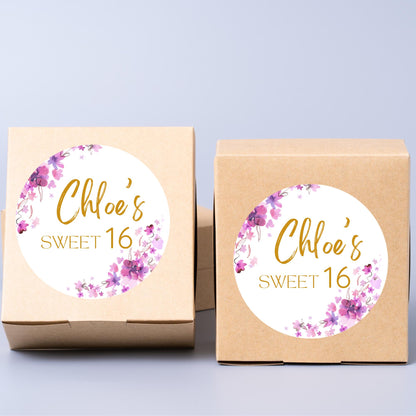 Personalized Sweet 16 Birthday Stickers, Sweet Sixteen Party Favor Stickers, Custom Thank You Happy Birthday Label, Floral Birthday