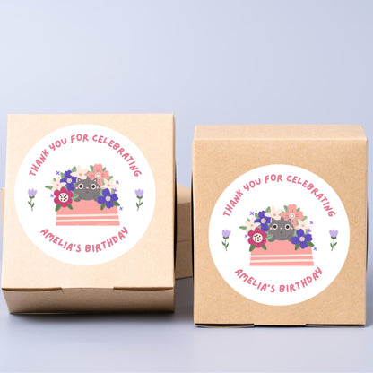 Personalized Happy Birthday Stickers, Goody Bag Stickers, Custom Kids Birthday Label, Floral Cat Thank You for Coming Stickers Various Sizes