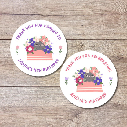 Personalized Happy Birthday Stickers, Goody Bag Stickers, Custom Kids Birthday Label, Floral Cat Thank You for Coming Stickers Various Sizes