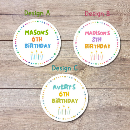 Personalized Happy Birthday Stickers, Goody Bag Stickers, Custom Birthday Label, Kids Birthday Stars and Candles Stickers, All Ages Birthday