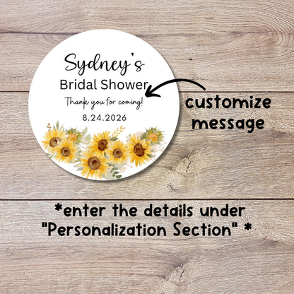 Sunflower Bridal Shower Favor Stickers, Custom Thank You Labels, Personalized Baby Shower Shower, Bride-to-Be Party Favor Stickers