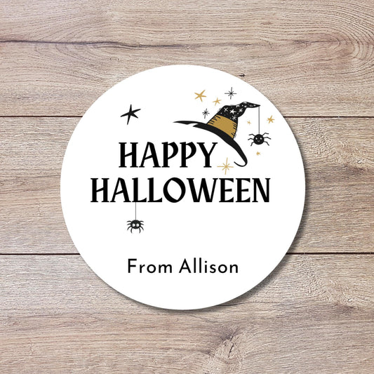 Personalized Halloween Witch Hat Stickers, Custom Halloween Goody Bag Label, Printed Kids Happy Halloween School Event Gift Label