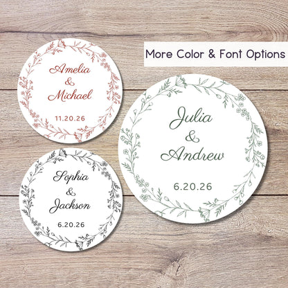 Personalized Floral Wreath Wedding Stickers, Custom Wedding Favor Labels, Wedding Invitation Envelope Seal, Custom Anniversary Party Favor