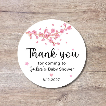 Personalized Cherry Blossom Baby Shower Stickers, Custom Thank You for Showering Labels, Mom to Be Sprinkling Baby Party Favor Sticker
