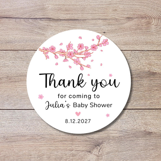 Personalized Cherry Blossom Baby Shower Stickers, Custom Thank You for Showering Labels, Mom to Be Sprinkling Baby Party Favor Sticker