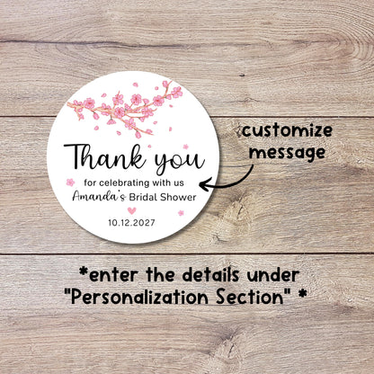 Bridal Shower Stickers, Custom Cherry Blossom Thank You Labels, Personalized Bridal Shower Bride-to-Be Party Favor Stickers, Wedding Sticker
