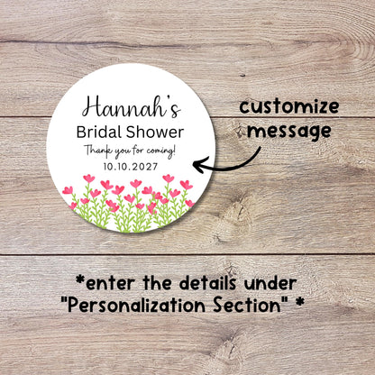Personalized Pink Flower Bridal Shower Stickers, Floral Bridal Shower Thank You Labels, Custom Bride-to-Be Bachelorette Party Favor