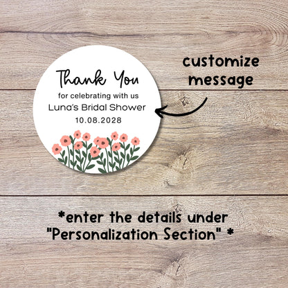 Personalized Wildflower Bridal Shower Stickers, Floral Bridal Shower Thank You Labels, Custom Bride-to-Be Bachelorette Party Favor