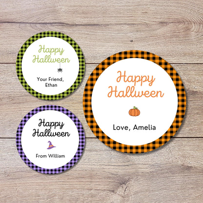 Personalized Plaid Halloween Stickers, Custom Halloween Goody Bag Label, Printed Kids Happy Halloween School Event Gift Label, Retro Style