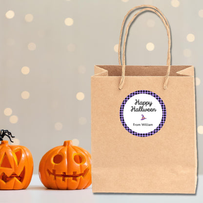 Personalized Plaid Halloween Stickers, Custom Halloween Goody Bag Label, Printed Kids Happy Halloween School Event Gift Label, Retro Style