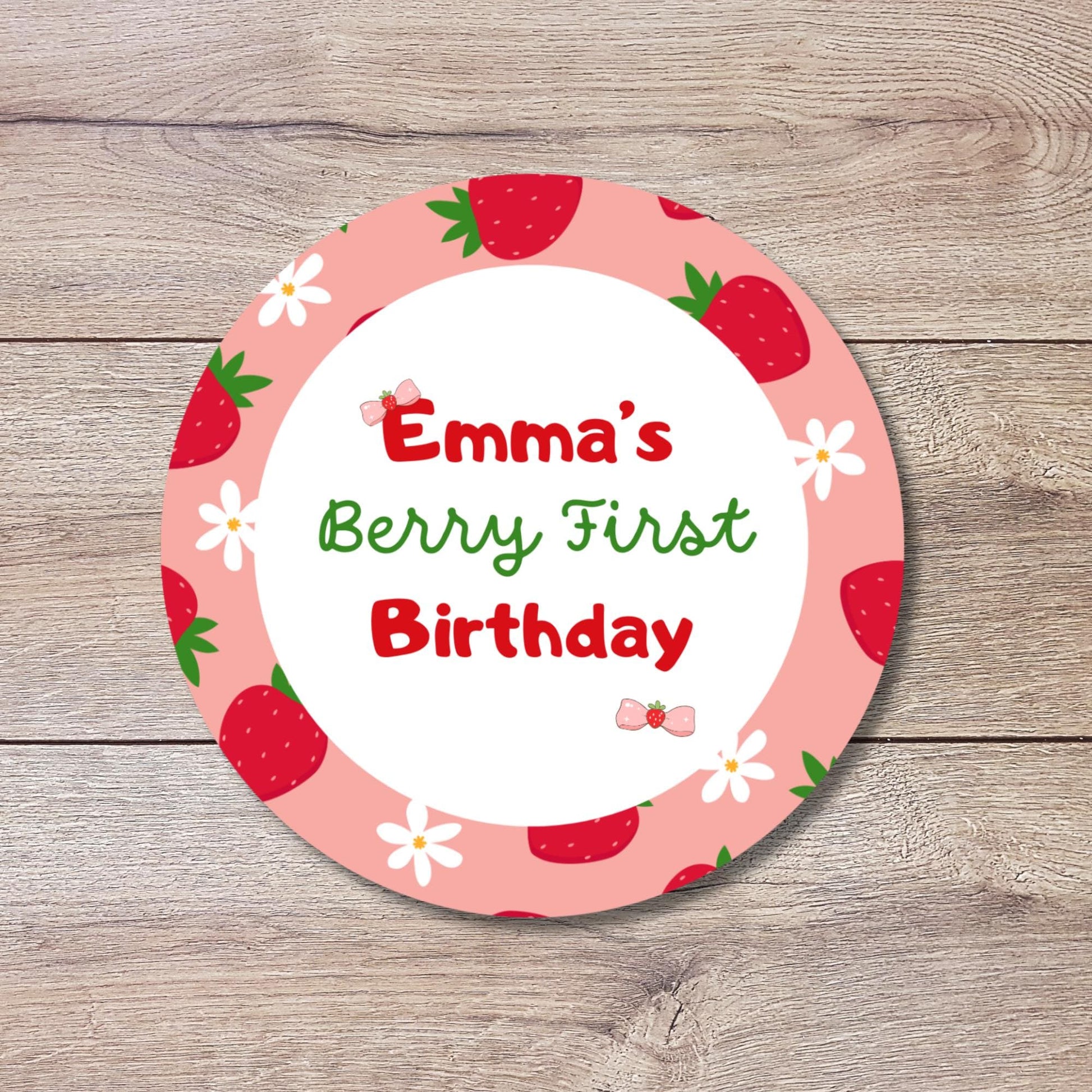Berry First Birthday Stickers, Custom 1st Birthday Party Favor Goody Bag Labels, Personalized Girls Thank You Birthday Pink Sticker