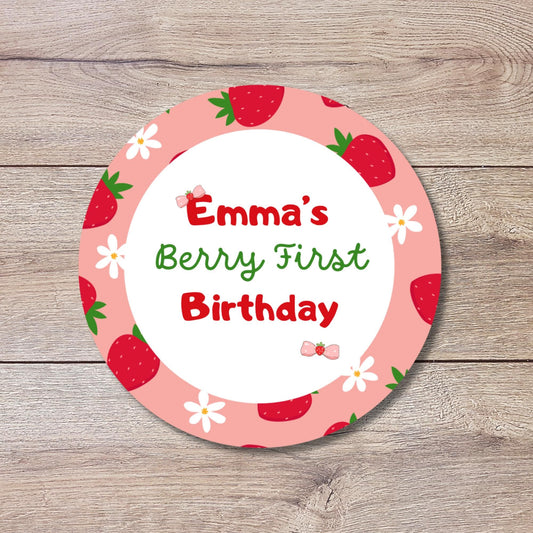 Berry First Birthday Stickers, Custom 1st Birthday Party Favor Goody Bag Labels, Personalized Girls Thank You Birthday Pink Sticker