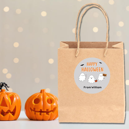 Triple Happy Ghost Personalized Halloween Stickers, Custom Halloween Goody Bag Label, Printed Kids Happy Halloween School Event Gift Label
