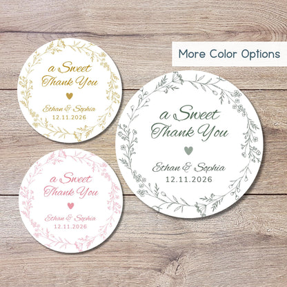 A Sweet Thank You Floral Wreath Sticker, Personalized Wedding Custom Bridal Shower, Baby Shower, Birthday Anniversary Party Favor Labels
