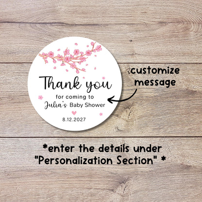 Personalized Cherry Blossom Baby Shower Stickers, Custom Thank You for Showering Labels, Mom to Be Sprinkling Baby Party Favor Sticker
