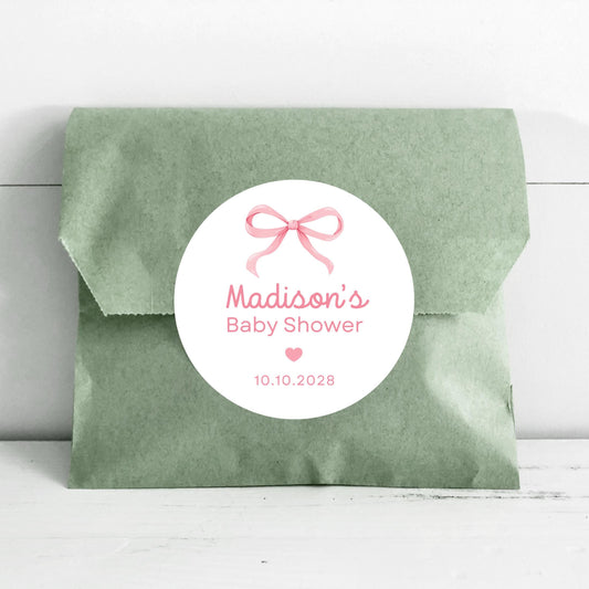 Bow Baby Shower Stickers, Custom Thank You for Showering Our Baby with Love Labels, Personalized Mom to Be Sprinkling Baby Party Favor