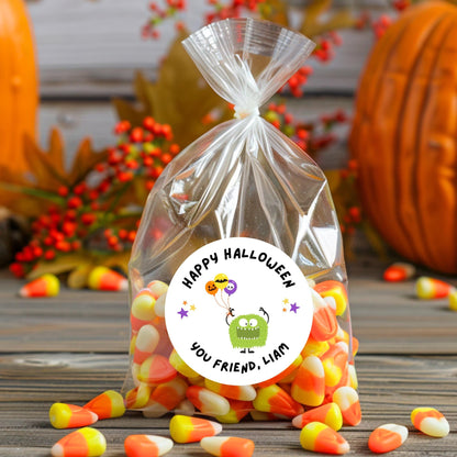 Green Monster Personalized Halloween Stickers, Custom Halloween Goody Bag Label, Printed Kids Happy Halloween School Event Gift Label