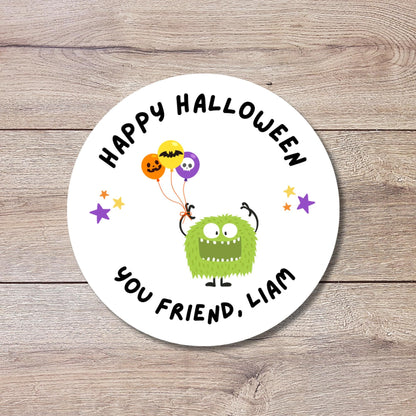 Green Monster Personalized Halloween Stickers, Custom Halloween Goody Bag Label, Printed Kids Happy Halloween School Event Gift Label