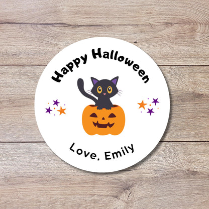 Cat and Pumpkin Personalized Halloween Stickers, Custom Halloween Goody Bag Label, Printed Kids Happy Halloween School Event Gift Label