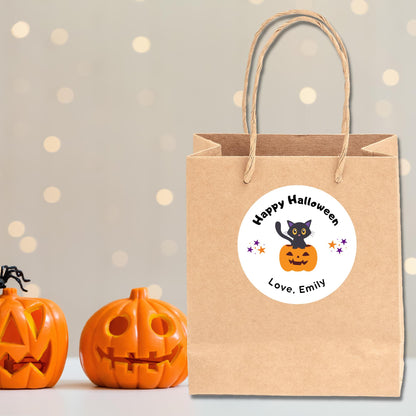 Cat and Pumpkin Personalized Halloween Stickers, Custom Halloween Goody Bag Label, Printed Kids Happy Halloween School Event Gift Label