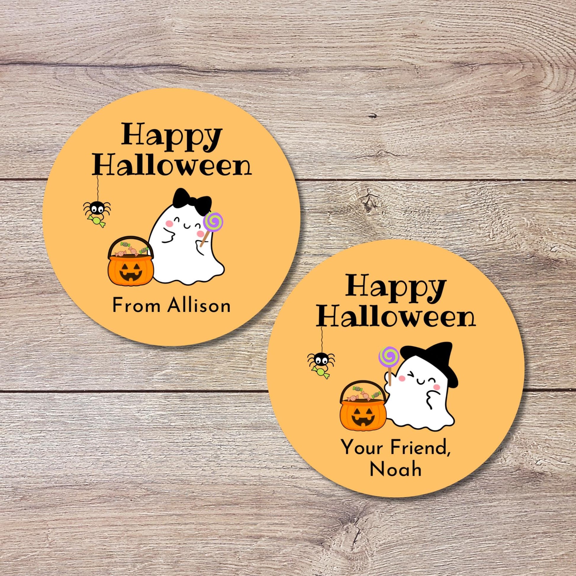 Happy Ghost Personalized Halloween Stickers, Custom Halloween Goody Bag Label, Printed Kids Happy Halloween School Event Gift Label