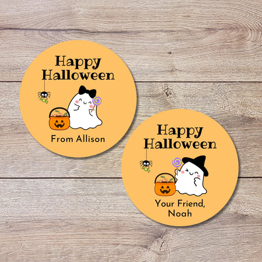 Happy Ghost Personalized Halloween Stickers, Custom Halloween Goody Bag Label, Printed Kids Happy Halloween School Event Gift Label