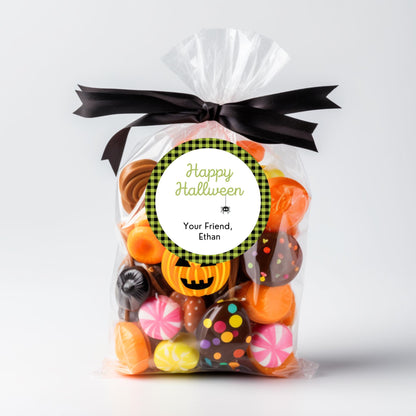 Personalized Plaid Halloween Stickers, Custom Halloween Goody Bag Label, Printed Kids Happy Halloween School Event Gift Label, Retro Style