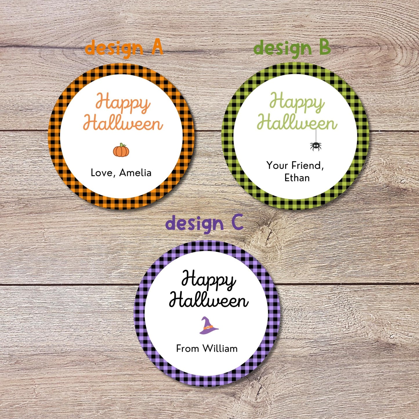 Personalized Plaid Halloween Stickers, Custom Halloween Goody Bag Label, Printed Kids Happy Halloween School Event Gift Label, Retro Style