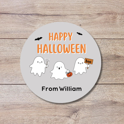 Triple Happy Ghost Personalized Halloween Stickers, Custom Halloween Goody Bag Label, Printed Kids Happy Halloween School Event Gift Label