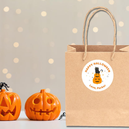 Cat & Pumpkin Personalized Halloween Stickers, Custom Printed Labels for Kids’ Classroom Party Goody Bags, Trick or Treat Event