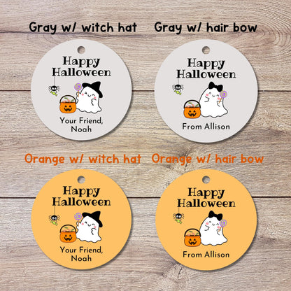 Witch Hat Hair Bow Happy Ghost Halloween Gift Tags, Cute Custom Halloween Gift Treat Bag Tags, Printed Tags for School Kids Grandkids