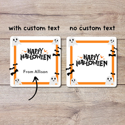 Personalized Happy Halloween Square Stickers, Custom Printed Labels for Kids’ Classroom Party Goody Bags, Trick or Treat Event