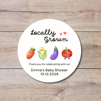 Locally Grown Baby Shower Stickers, Custom Thank You for Coming Labels, Mom to Be Baby Sprinkle Treat Bag Home Grown with Love, Printed