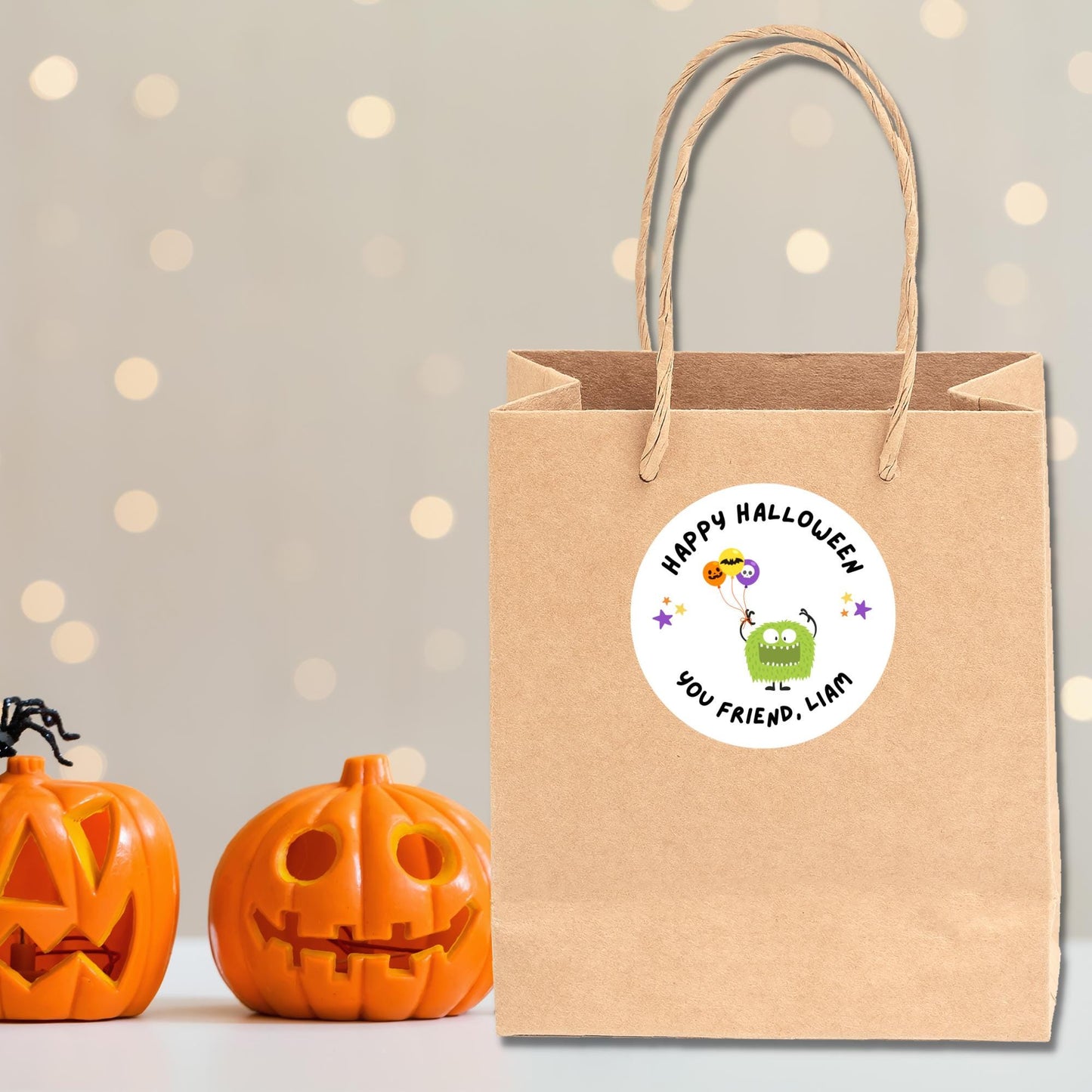 Green Monster Personalized Halloween Stickers, Custom Halloween Goody Bag Label, Printed Kids Happy Halloween School Event Gift Label